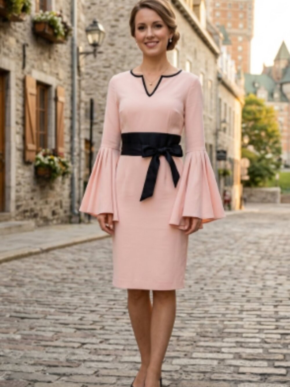 Venus Pink Bell Sleeve Sheath Dress with Black Faux Leather Waist - Size 8
